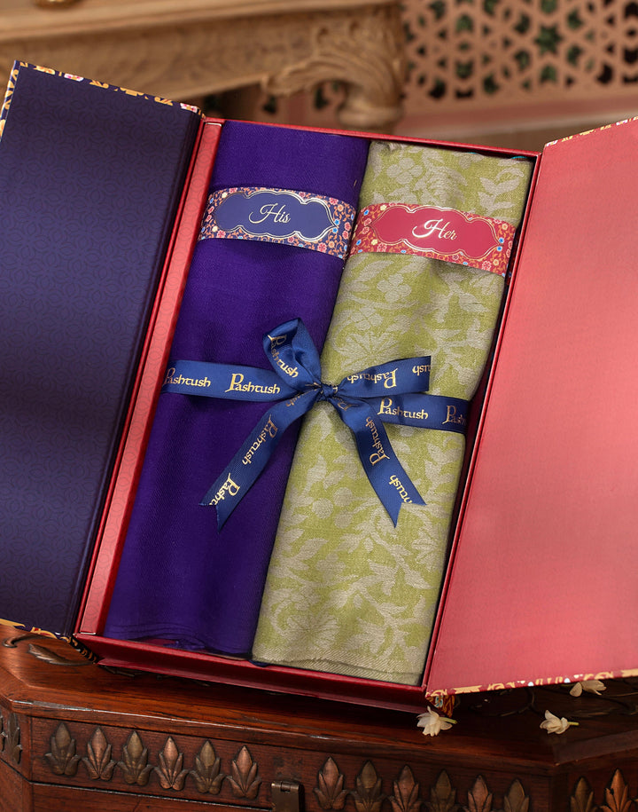 Pashtush India Gift Pack Pashtush His And Her Set Of Fine Wool Stoles, Premium Gift Box Packaging, Purple and Green