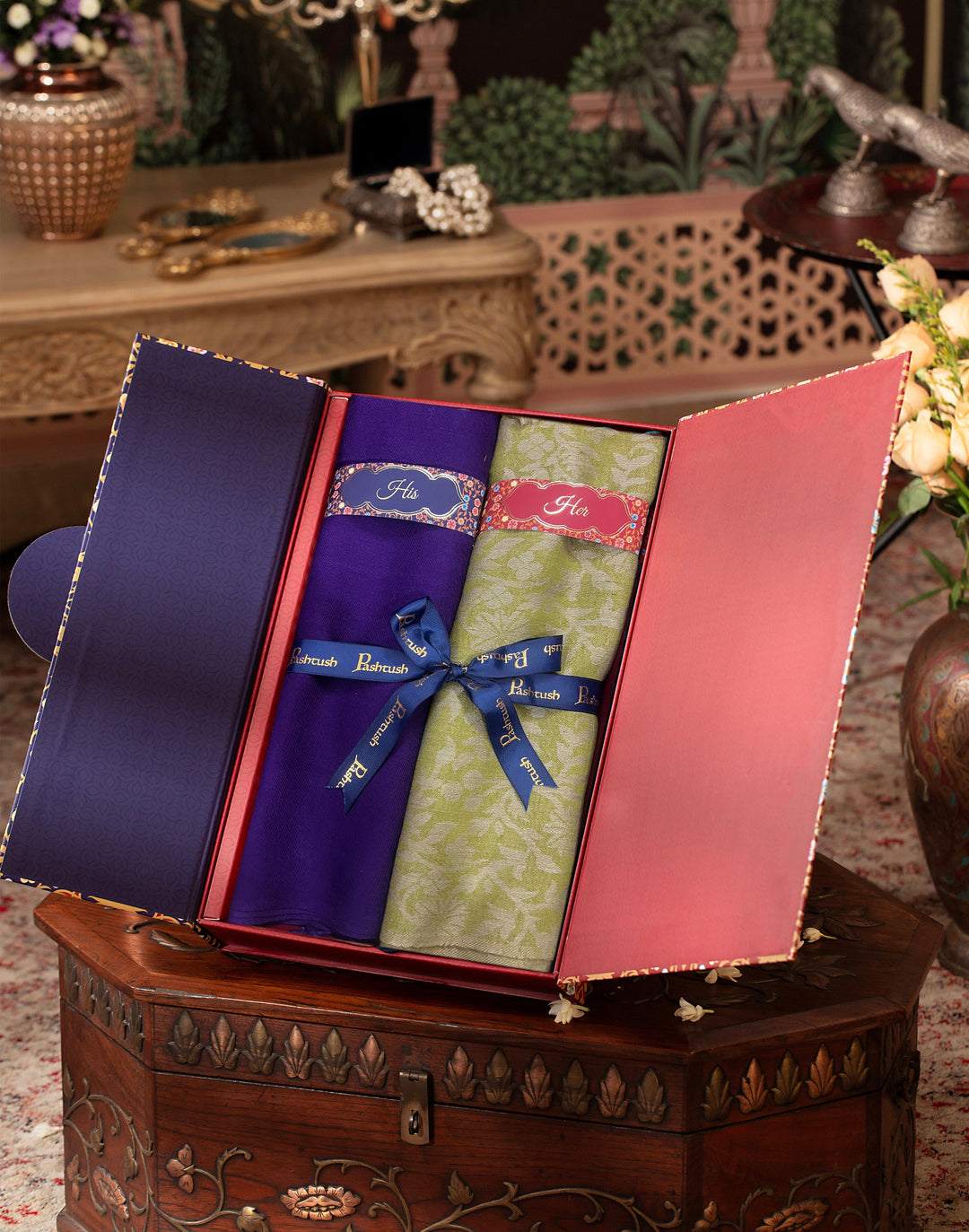 Pashtush India Gift Pack Pashtush His And Her Set Of Fine Wool Stoles, Premium Gift Box Packaging, Purple and Green