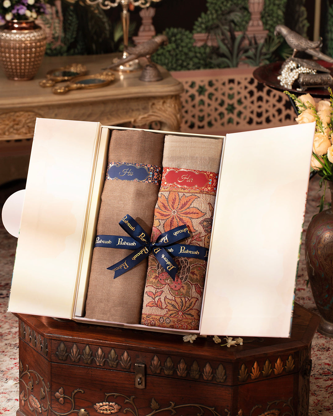 Pashtush India Gift Pack Pashtush His And Her Set Of Fine Wool Stoles, Premium Gift Box Packaging, Taupe and Beige