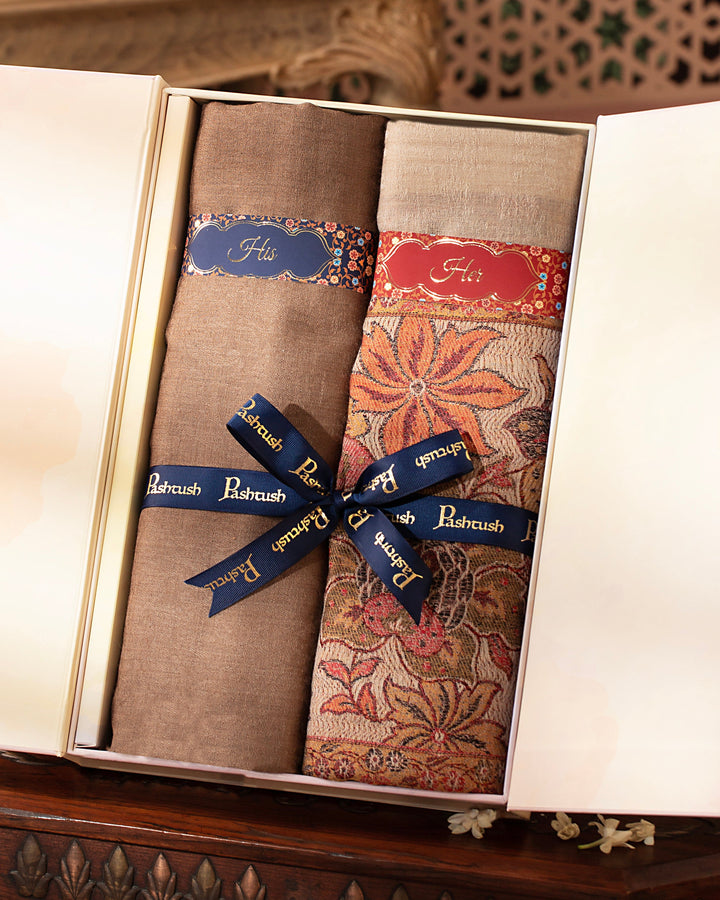 Pashtush India Gift Pack Pashtush His And Her Set Of Fine Wool Stoles, Premium Gift Box Packaging, Taupe and Beige