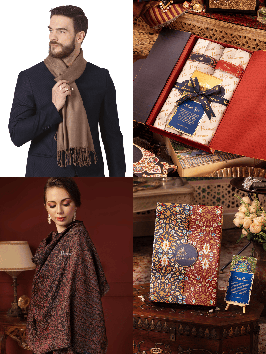 Pashtush India Gift Pack Pashtush His And Her Set Of Fine Wool Stoles, Premium Gift Box Packaging, Taupe and Black