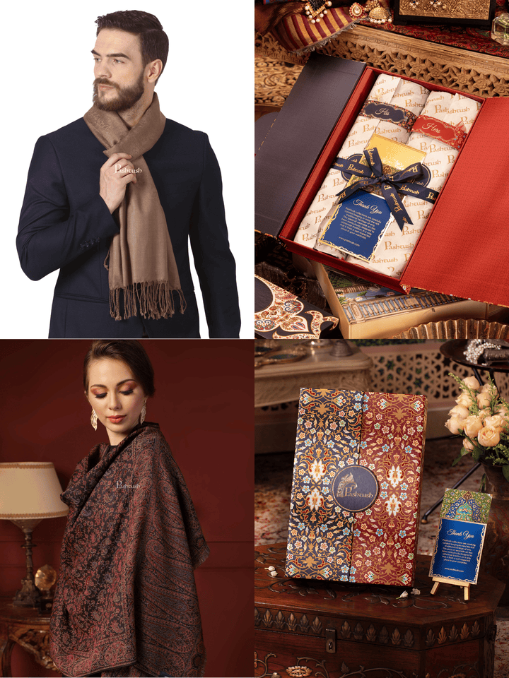 Pashtush India Gift Pack Pashtush His And Her Set Of Fine Wool Stoles, Premium Gift Box Packaging, Taupe and Black