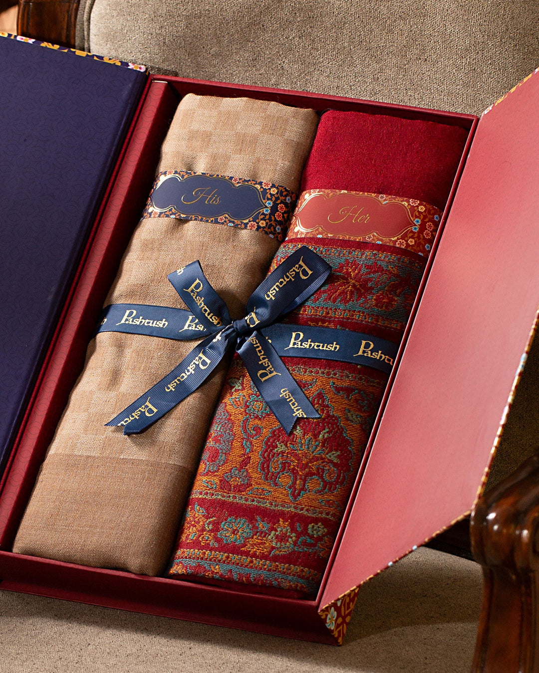 Pashtush India Gift Pack Pashtush His and Her set of Fine Wool Stoles, With Premium Gift Box, Beige and Maroon