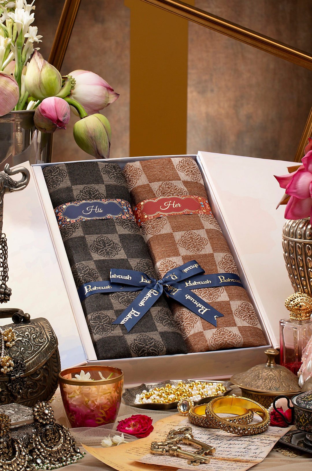 Pashtush India Gift Pack Pashtush His and Her Set of Fine Wool Stoles with Premium Gift Box Packaging, Black and Coffee