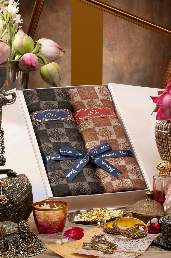 Pashtush India Gift Pack Pashtush His and Her Set of Fine Wool Stoles with Premium Gift Box Packaging, Black and Coffee