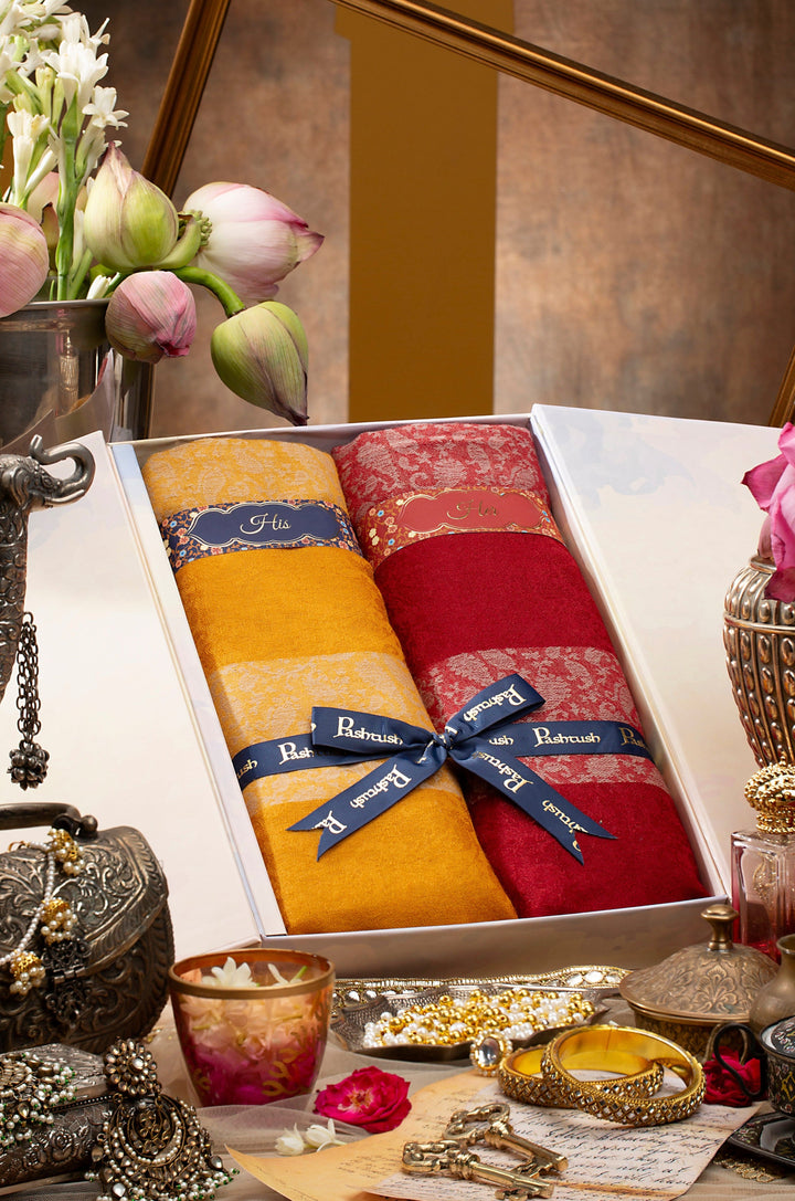 Pashtush India Gift Pack Pashtush His and Her Set of Fine Wool Stoles with Premium Gift Box Packaging, Mustard and Maroon