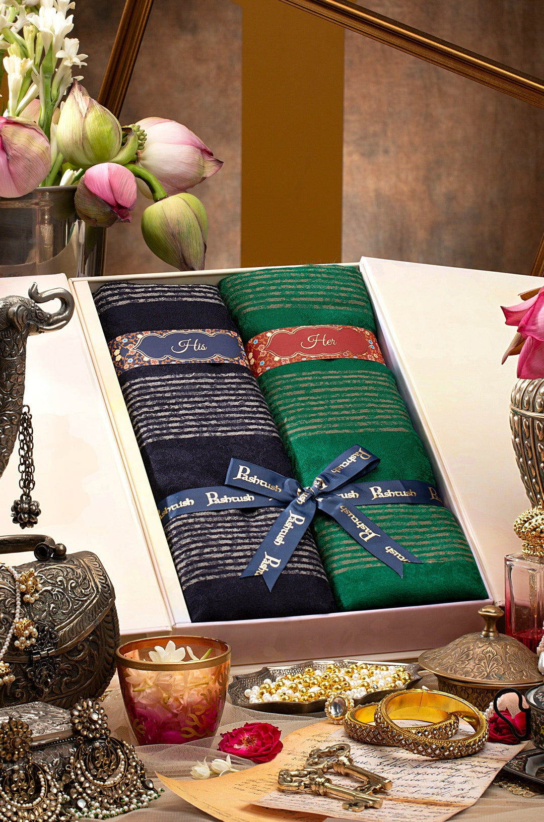 Pashtush India Gift Pack Pashtush His and Her Set of Fine Wool Stoles with Premium Gift Box Packaging, Navy Blue and Rose