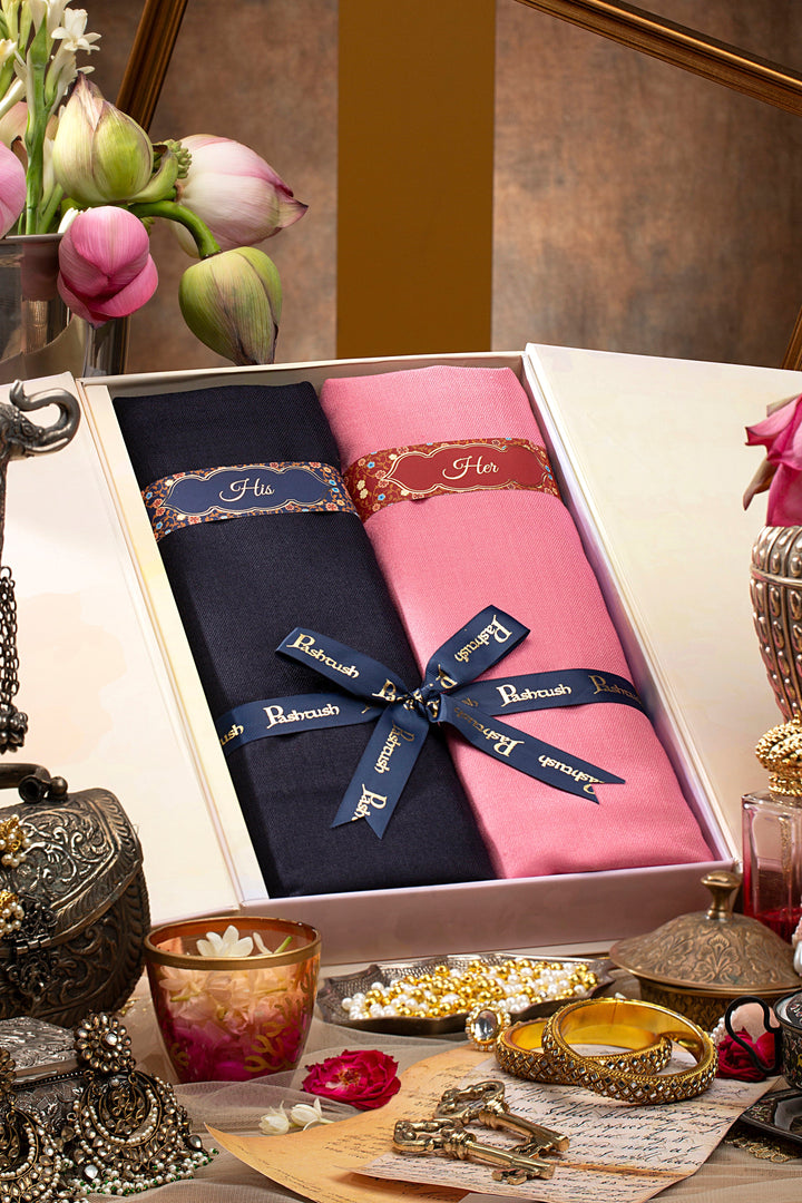 Pashtush India Gift Pack Pashtush His and Her Set of Fine Wool Stoles with Premium Gift Box Packaging, Navy Blue and Rose