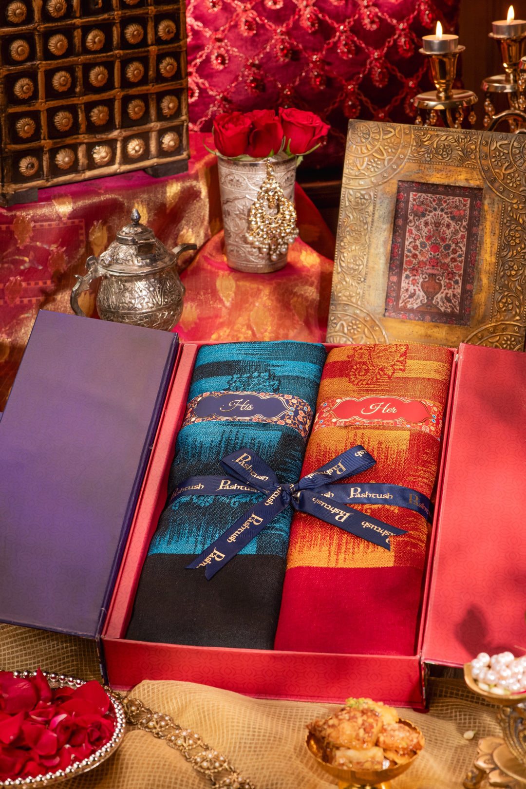 Pashtush India Gift Pack Pashtush His And Her Set Of Ikkat Design Stoles With Premium Gift Box Packaging, Pacific Blue and Maroon