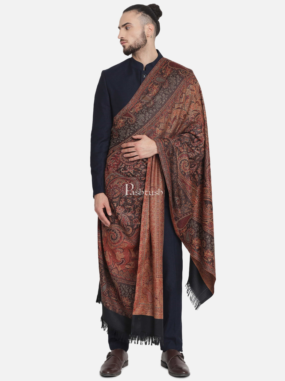 Pashtush India Gift Pack Pashtush His And Her Set Of Jamawar Stole and Shawl, Premium Gift Box Packaging, Black and Maroon