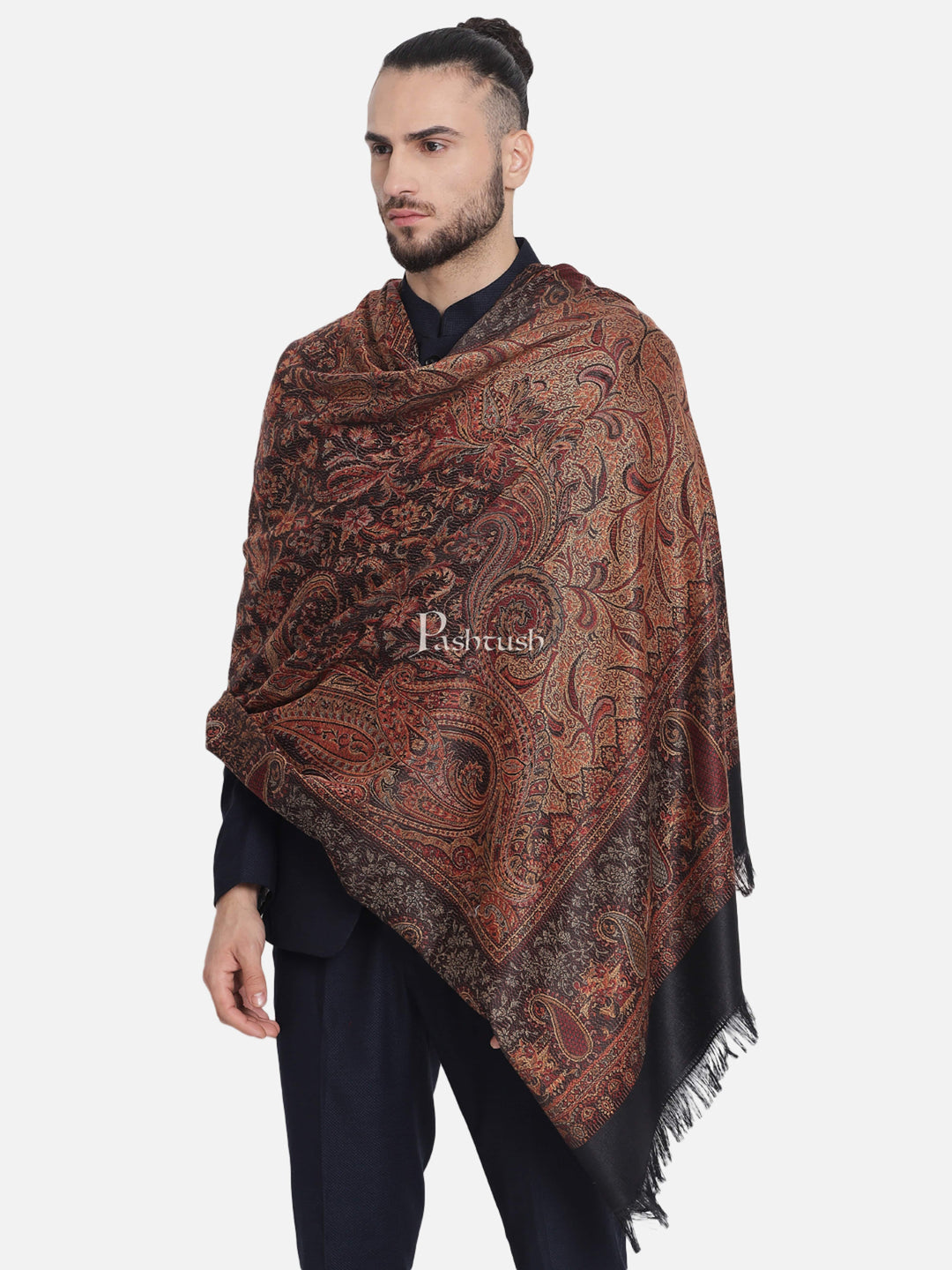 Pashtush India Gift Pack Pashtush His And Her Set Of Jamawar Stole and Shawl, Premium Gift Box Packaging, Black and Maroon