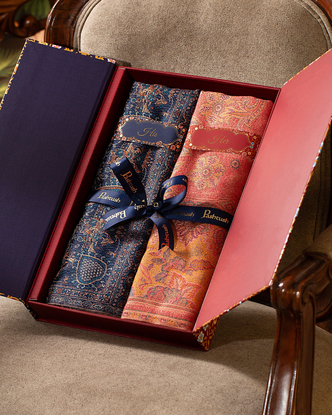 Pashtush India Gift Pack Pashtush His And Her Set Of Jamawar Stole and Shawl, Premium Gift Box Packaging, Navy Blue and Peach