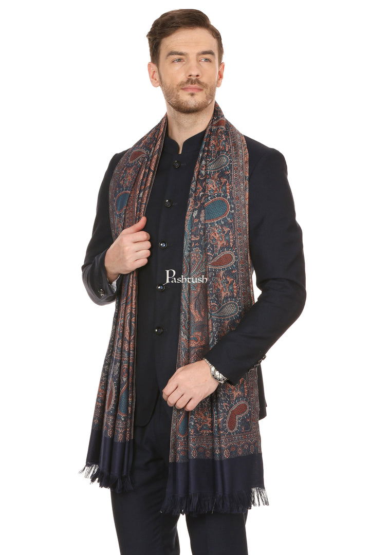 Pashtush India Gift Pack Pashtush His And Her Set Of Jamawar Stole and Shawl, Premium Gift Box Packaging, Navy Blue and Peach