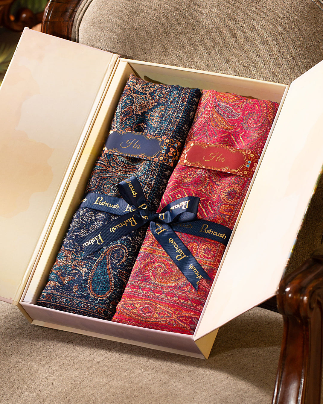 Pashtush India Gift Pack Pashtush His And Her Set Of Jamawar Stole and Shawl, Premium Gift Box Packaging, Navy Blue and Pink