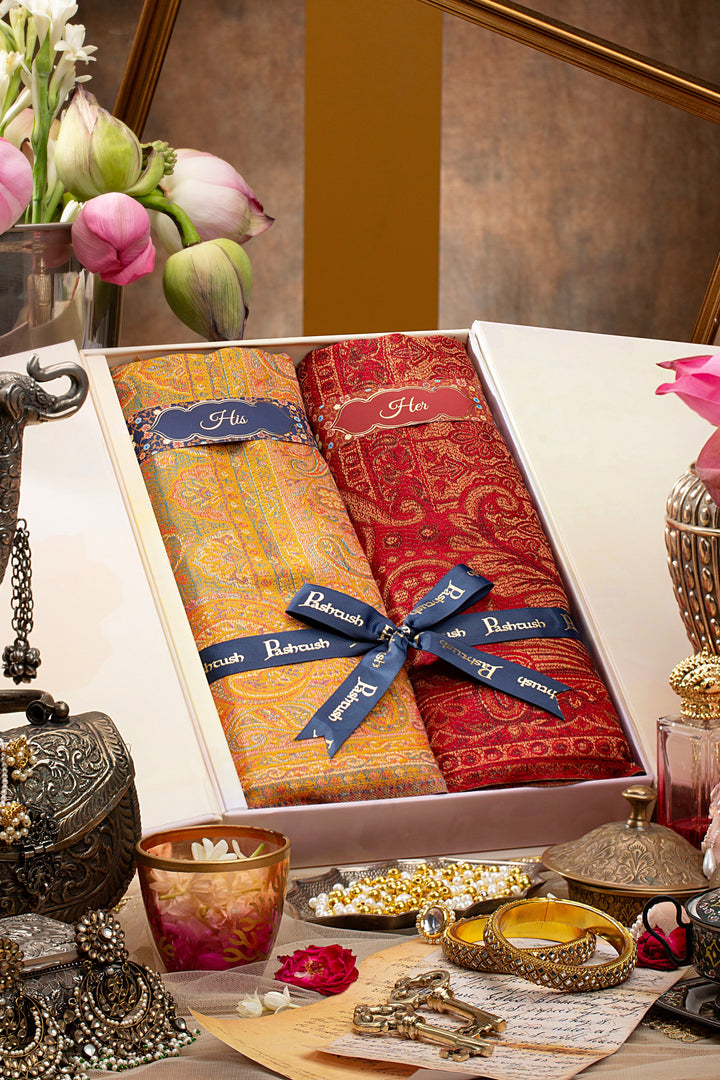 Pashtush India Gift Pack Pashtush His And Her Set Of Jamawar Stole And Shawl With Premium Gift Box Packaging, Kashmiri Mustard And Maroon