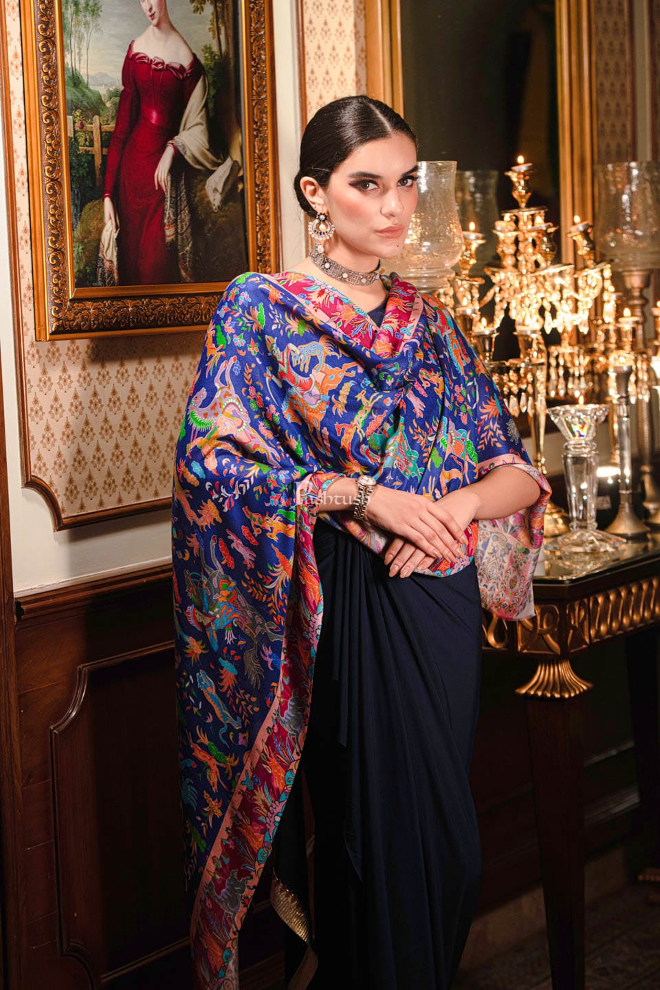 Pashtush India Gift Pack Pashtush His And Her Set Of Jamawar Stole and Womens Bamboo Stole, Premium Gift Box Packaging, Maroon And Blue