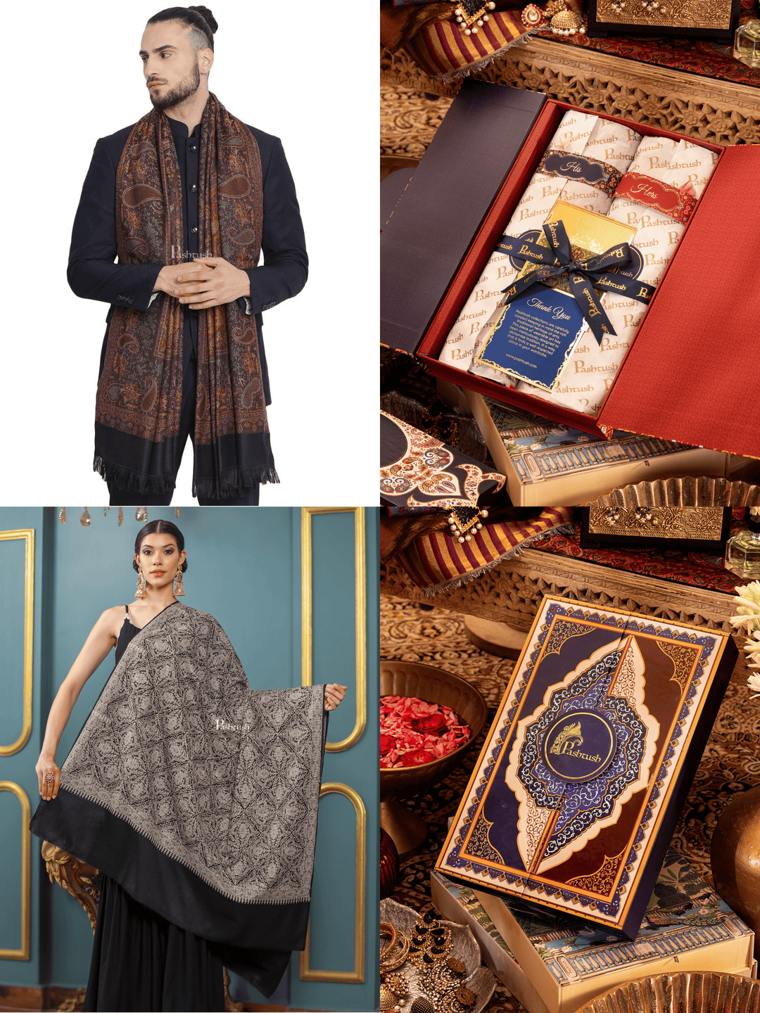 Pashtush India Gift Pack Pashtush His And Her Set Of Jamawar Stole and Womens Extra Fine Wool Shawl, Premium Gift Box Packaging, Black
