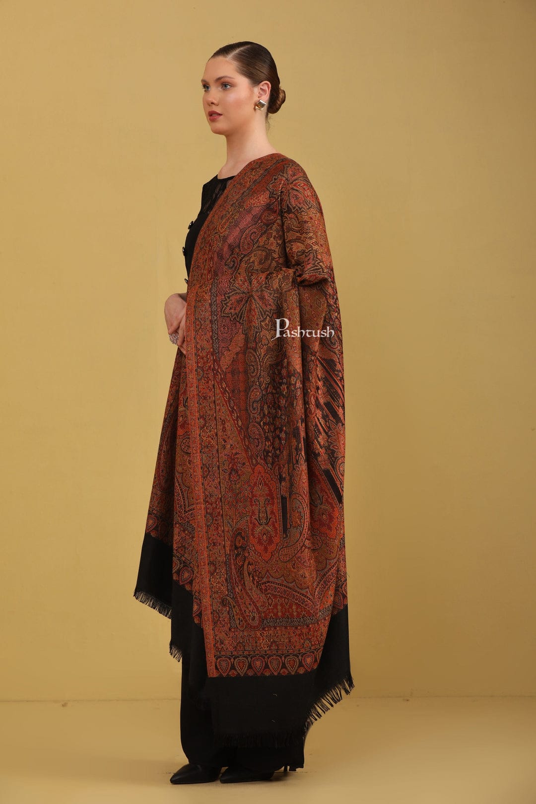 Pashtush India Gift Pack Pashtush His And Her Set Of Jamawar Stole and Womens Shawl, Premium Gift Box Packaging, Black