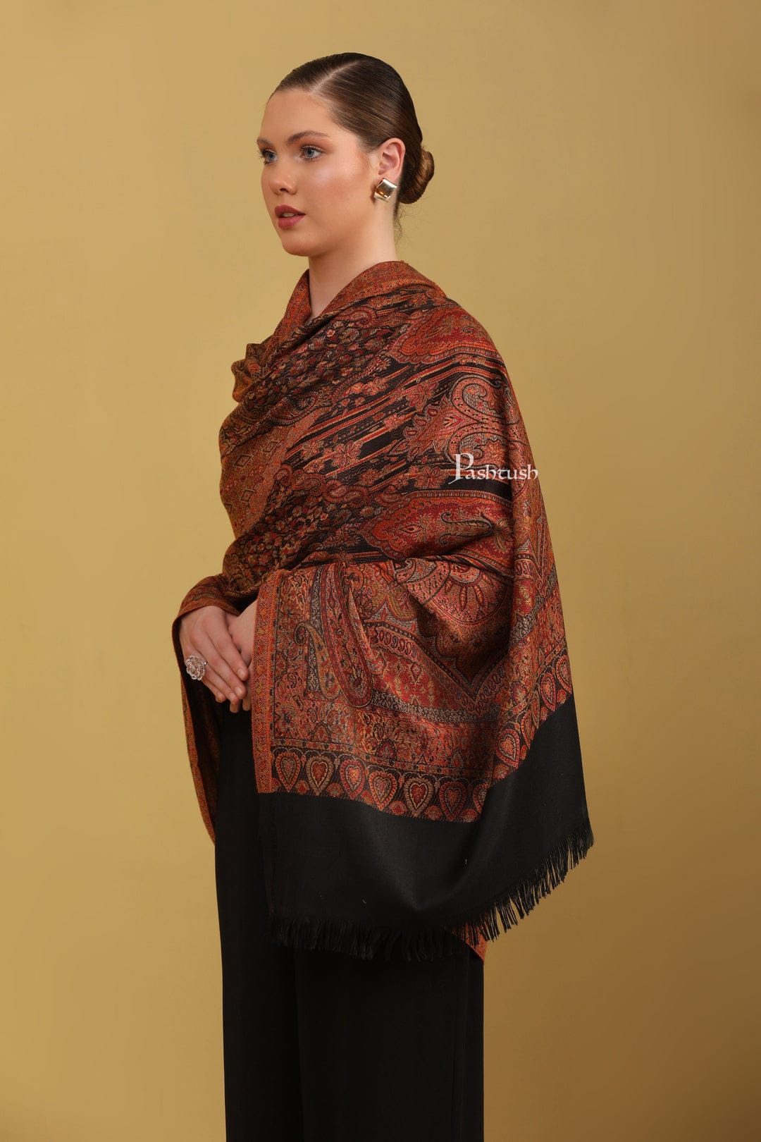 Pashtush India Gift Pack Pashtush His And Her Set Of Jamawar Stole and Womens Shawl, Premium Gift Box Packaging, Black