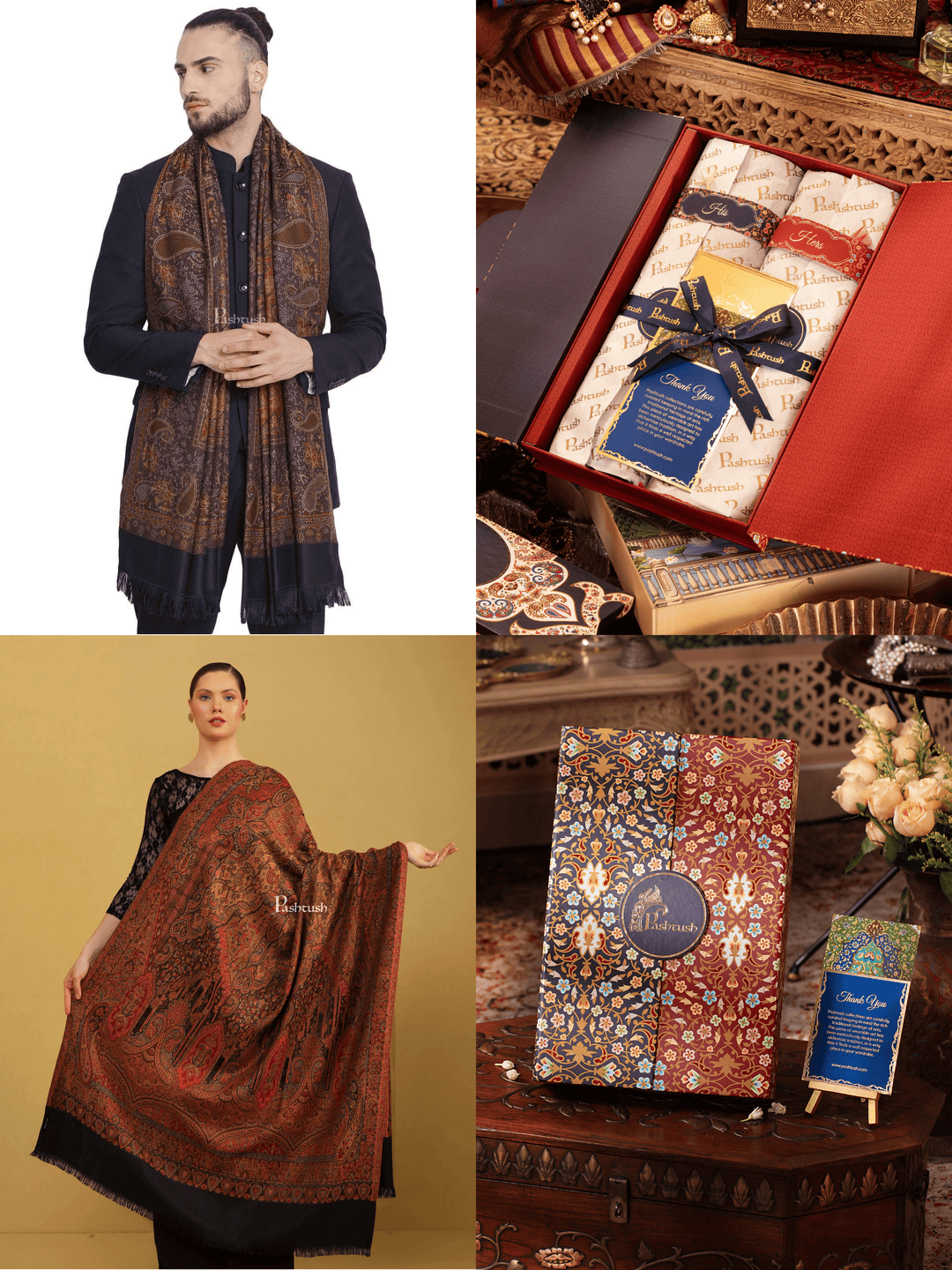 Pashtush India Gift Pack Pashtush His And Her Set Of Jamawar Stole and Womens Shawl, Premium Gift Box Packaging, Black
