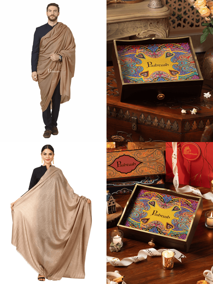 Pashtush India Gift Pack Pashtush His And Her Set Of Mens 100% Pure Wool Shawl and Womens Extra Fine Wool Shawl With Wooden Chester Box, Taupe