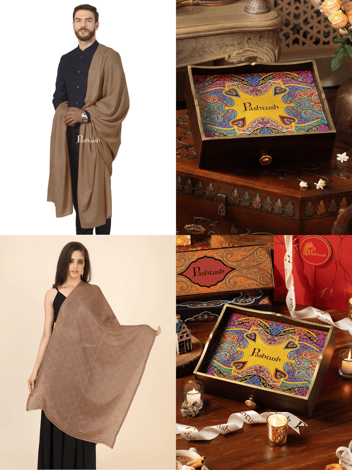 Pashtush India Gift Pack Pashtush His And Her Set Of Mens 100% Pure Wool Shawl and Womens Twilight Shawl With Wooden Chester Box, Taupe and Beige