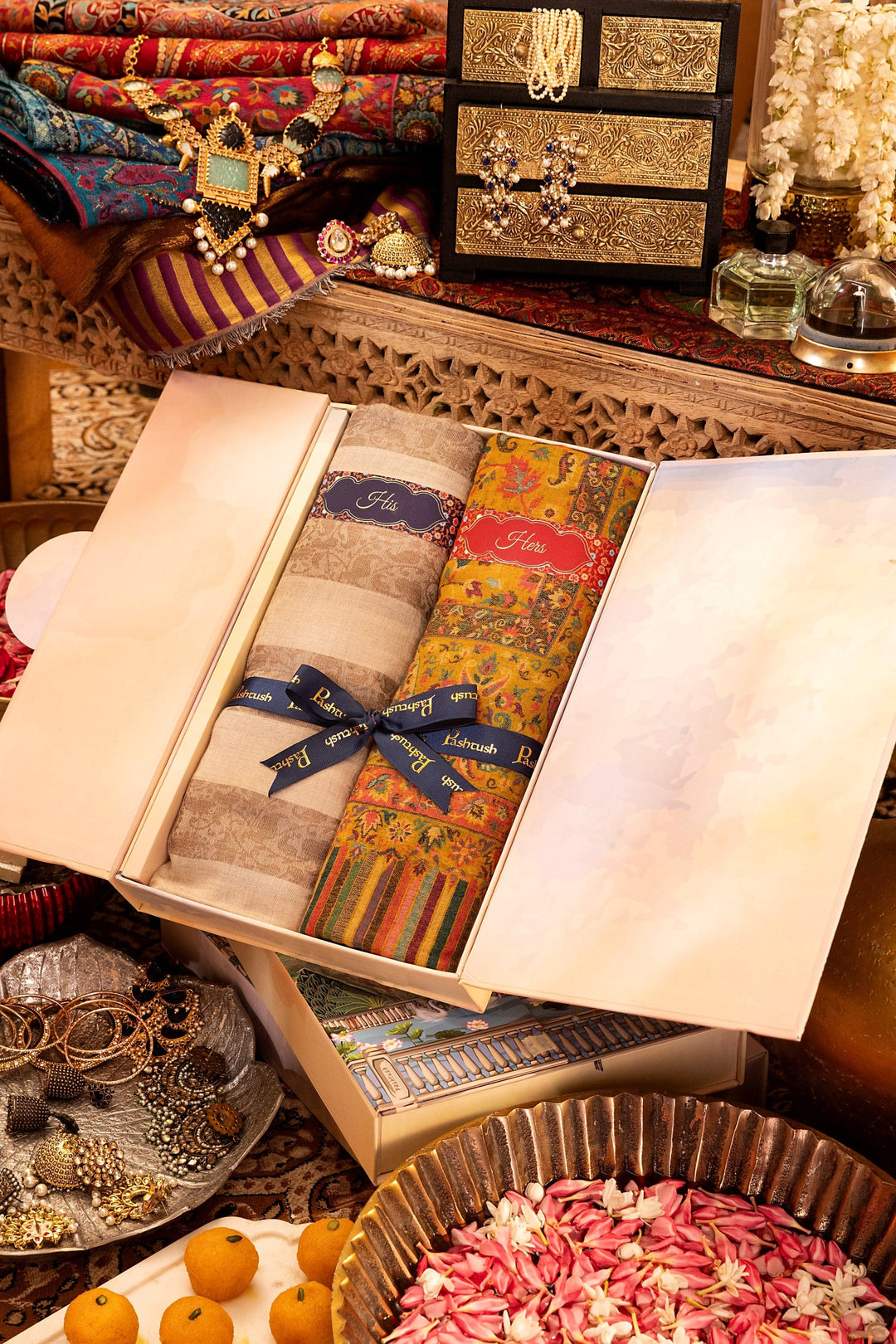 Pashtush India Gift Pack Pashtush His And Her Set Of Mens Extra Fine Wool Shawl and Womens 100% Pure Wool Stole, Premium Gift Box Packaging, Beige and Mustard