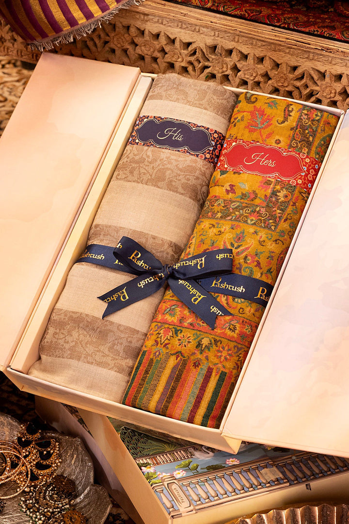 Pashtush India Gift Pack Pashtush His And Her Set Of Mens Extra Fine Wool Shawl and Womens 100% Pure Wool Stole, Premium Gift Box Packaging, Beige and Mustard