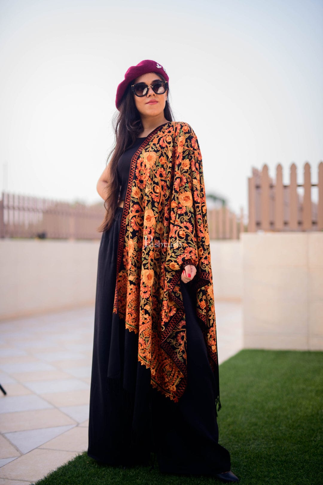 Pashtush India Gift Pack Pashtush His And Her Set Of Mens Faux Pashmina Stole and Womens Aari Embroidery Stole, Premium Gift Box Packaging, Multicolour and Black