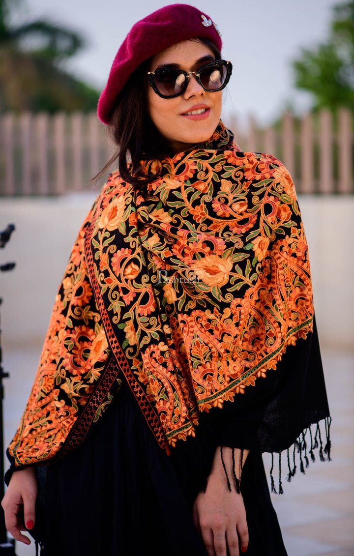 Pashtush India Gift Pack Pashtush His And Her Set Of Mens Faux Pashmina Stole and Womens Aari Embroidery Stole, Premium Gift Box Packaging, Multicolour and Black