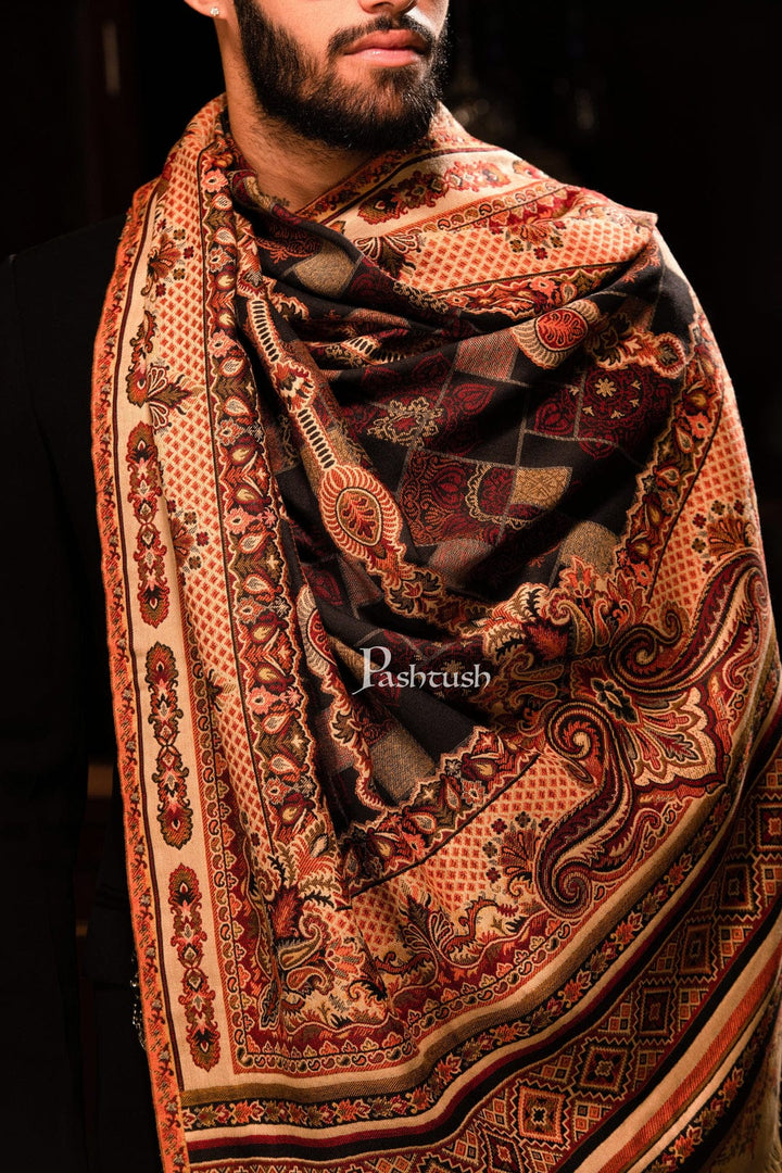 Pashtush India Gift Pack Pashtush His And Her Set Of Mens Faux Pashmina Stole and Womens Aari Embroidery Stole, Premium Gift Box Packaging, Multicolour and Black