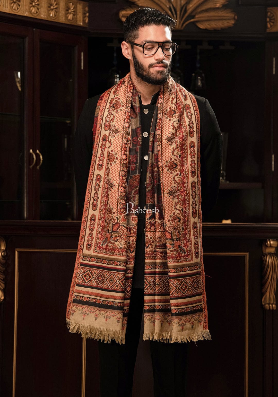 Pashtush India Gift Pack Pashtush His And Her Set Of Mens Faux Pashmina Stole and Womens Aari Embroidery Stole, Premium Gift Box Packaging, Multicolour and Black