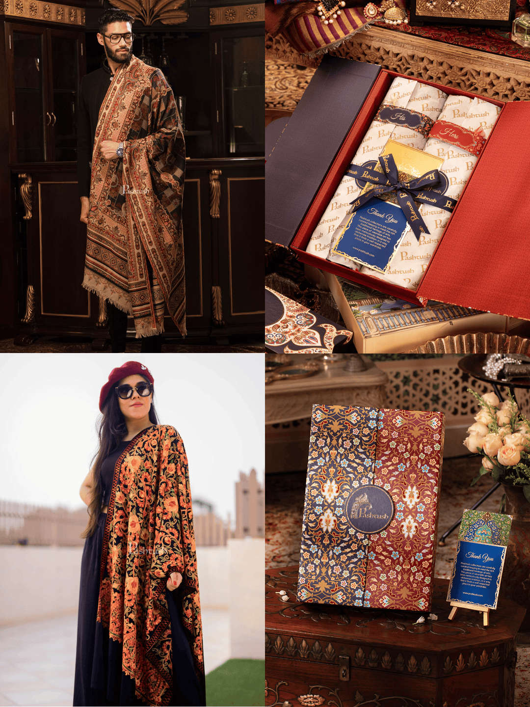 Pashtush India Gift Pack Pashtush His And Her Set Of Mens Faux Pashmina Stole and Womens Aari Embroidery Stole, Premium Gift Box Packaging, Multicolour and Black