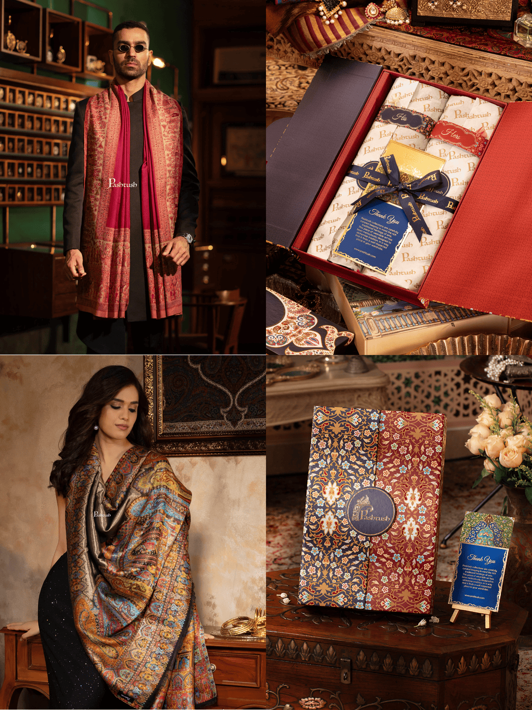 Pashtush India Gift Pack Pashtush His And Her Set Of Mens Faux Pashmina Stole and Womens Darbar Shawl, Premium Gift Box Packaging, Maroon and Multicolour