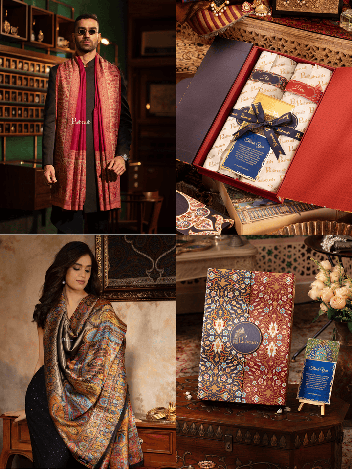 Pashtush India Gift Pack Pashtush His And Her Set Of Mens Faux Pashmina Stole and Womens Darbar Shawl, Premium Gift Box Packaging, Maroon and Multicolour