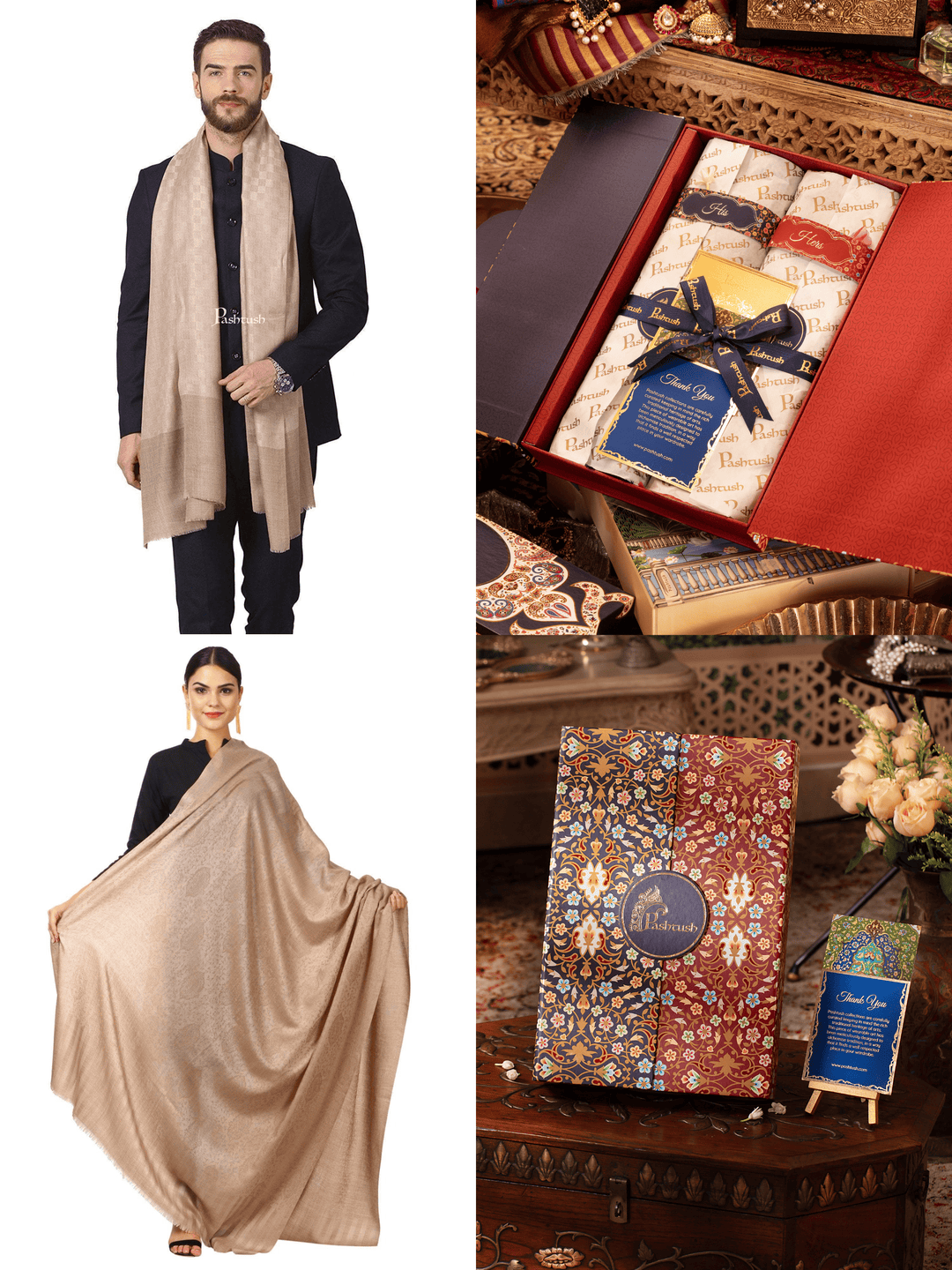 Pashtush India Gift Pack Pashtush His And Her Set Of Mens Fine Stole and Womens Shawl, Premium Gift Box Packaging, Beige