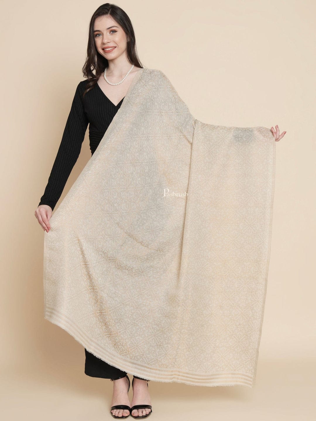 Pashtush India Gift Pack Pashtush His And Her Set Of Mens Fine Stole and Womens Shawl, Premium Gift Box Packaging, Beige and Ivory