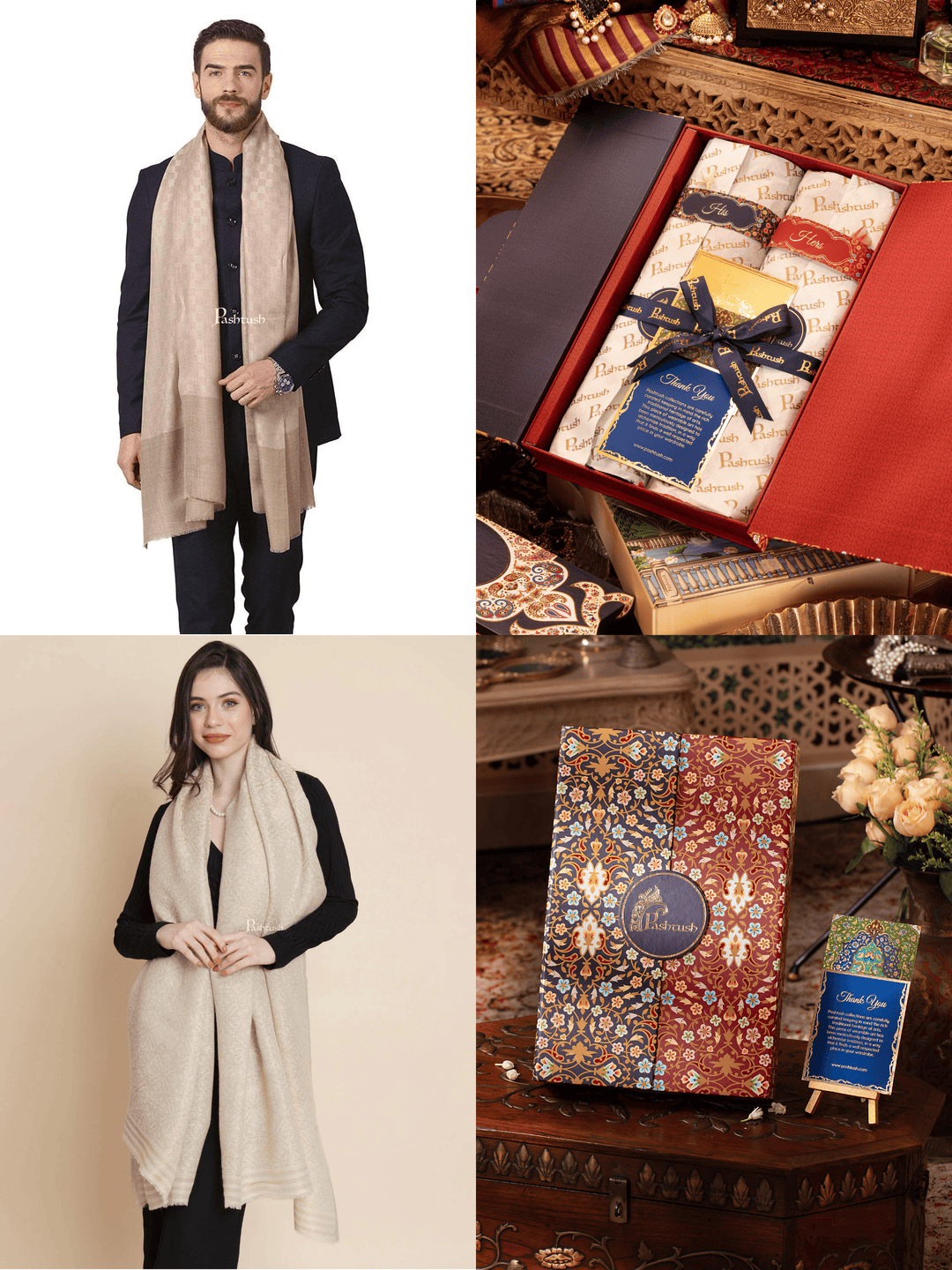 Pashtush India Gift Pack Pashtush His And Her Set Of Mens Fine Stole and Womens Shawl, Premium Gift Box Packaging, Beige and Ivory