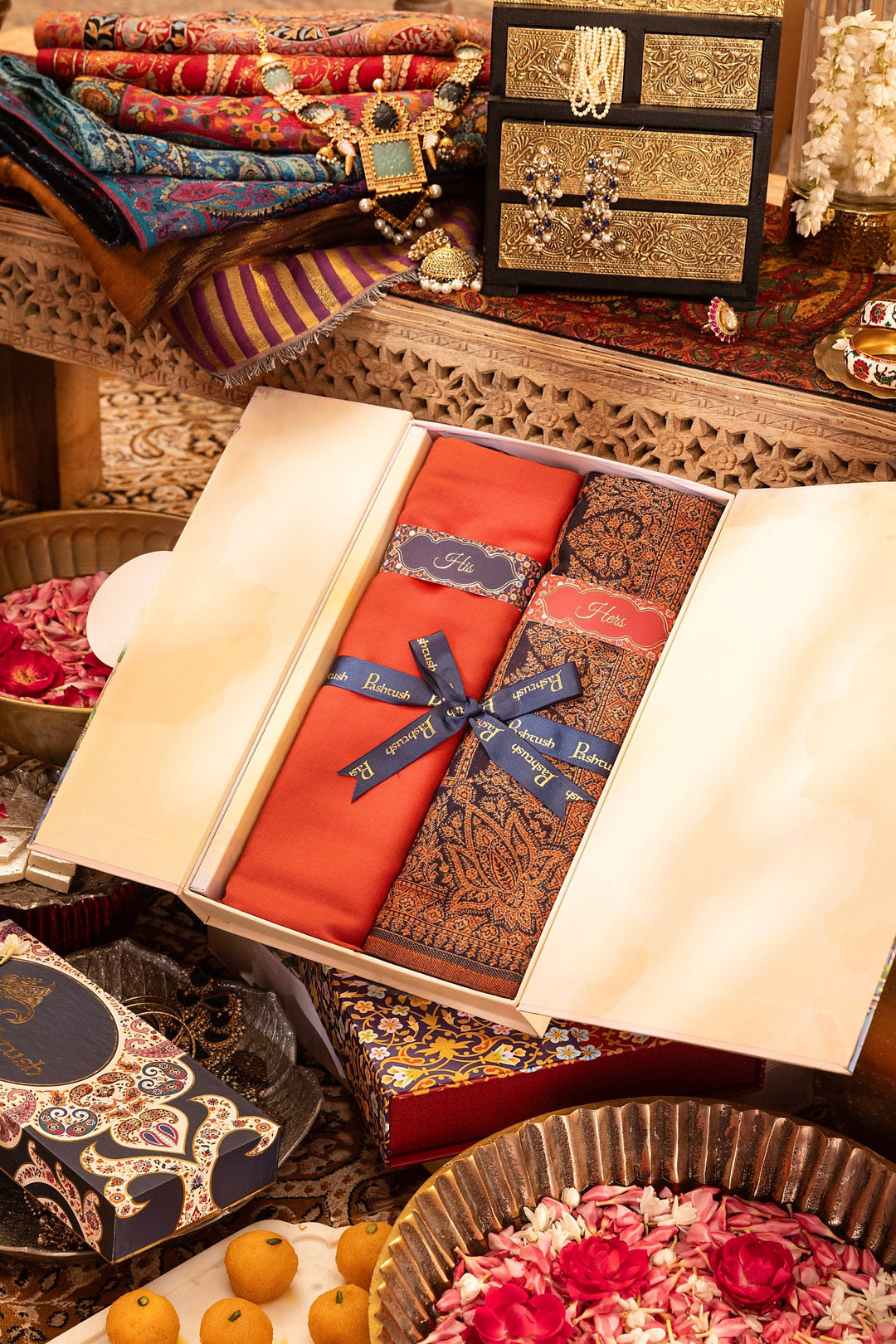 Pashtush India Gift Pack Pashtush His And Her Set Of Mens Fine Wool and Womens Faux Pashmina Shawl, Premium Gift Box Packaging, Red and Navy Blue