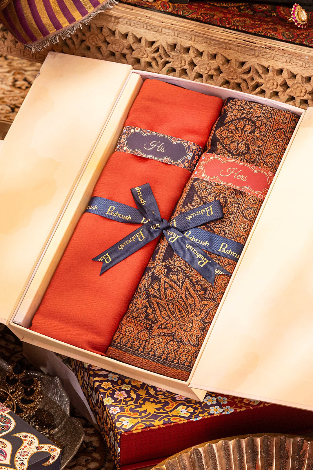 Pashtush India Gift Pack Pashtush His And Her Set Of Mens Fine Wool and Womens Faux Pashmina Shawl, Premium Gift Box Packaging, Red and Navy Blue