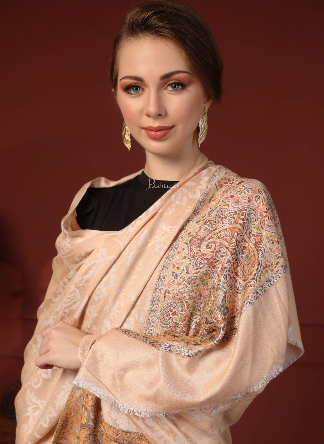 Pashtush India Gift Pack Pashtush His And Her Set Of Mens Fine Wool Lohi and Womens Reversible Bamboo Stole, Premium Gift Box Packaging, Ivory and Peach