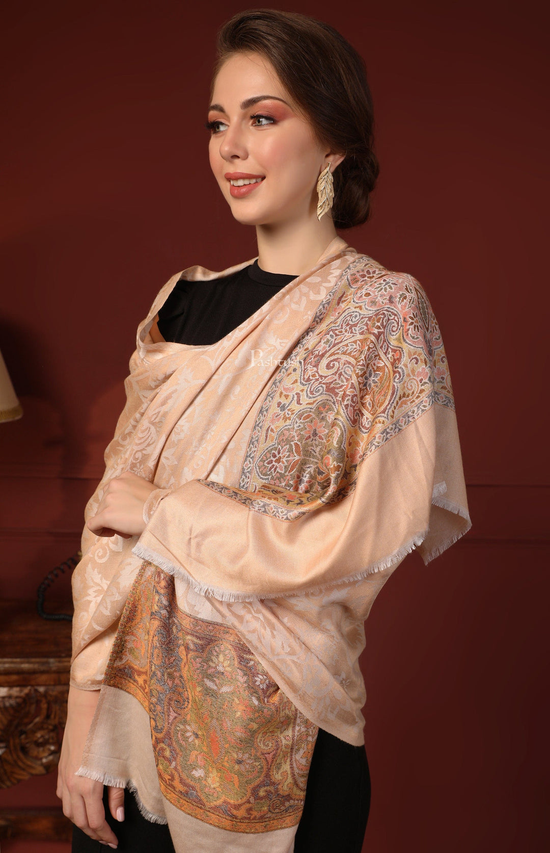 Pashtush India Gift Pack Pashtush His And Her Set Of Mens Fine Wool Lohi and Womens Reversible Bamboo Stole, Premium Gift Box Packaging, Ivory and Peach