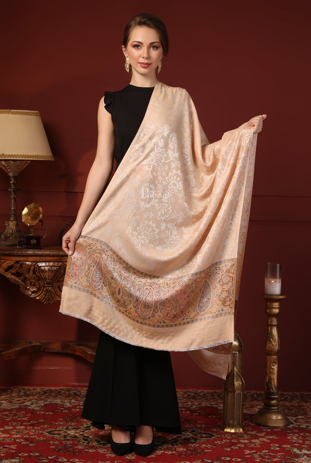 Pashtush India Gift Pack Pashtush His And Her Set Of Mens Fine Wool Lohi and Womens Reversible Bamboo Stole, Premium Gift Box Packaging, Ivory and Peach