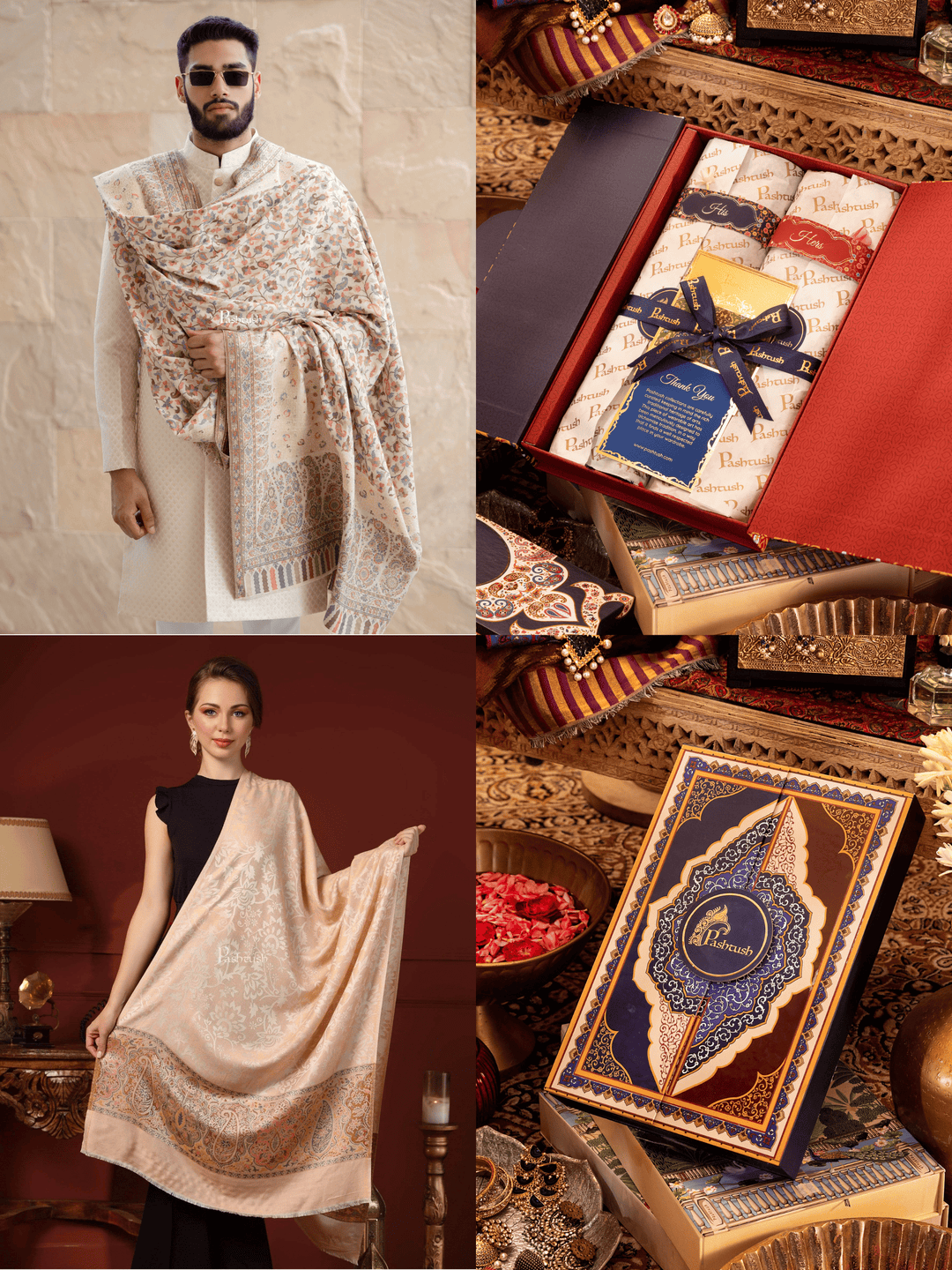 Pashtush India Gift Pack Pashtush His And Her Set Of Mens Fine Wool Lohi and Womens Reversible Bamboo Stole, Premium Gift Box Packaging, Ivory and Peach