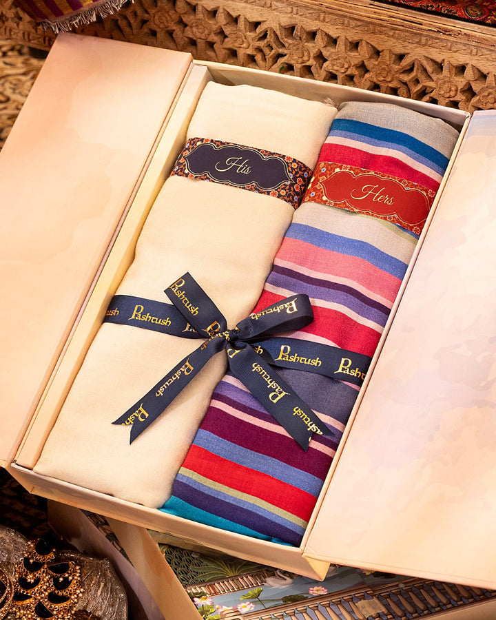 Pashtush India Gift Pack Pashtush His And Her Set Of Mens Fine Wool Muffler and Womens Bamboo Stole, Premium Gift Box Packaging, Ivory and Multicolor