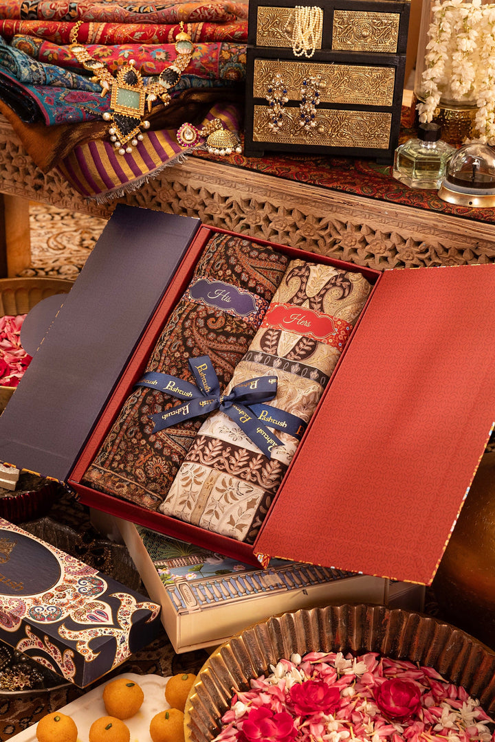 Pashtush India Gift Pack Pashtush His And Her Set Of Mens Fine Wool Palla Shawl and Womens Kalamkari Shawl, Premium Gift Box Packaging, Black and Multicolour