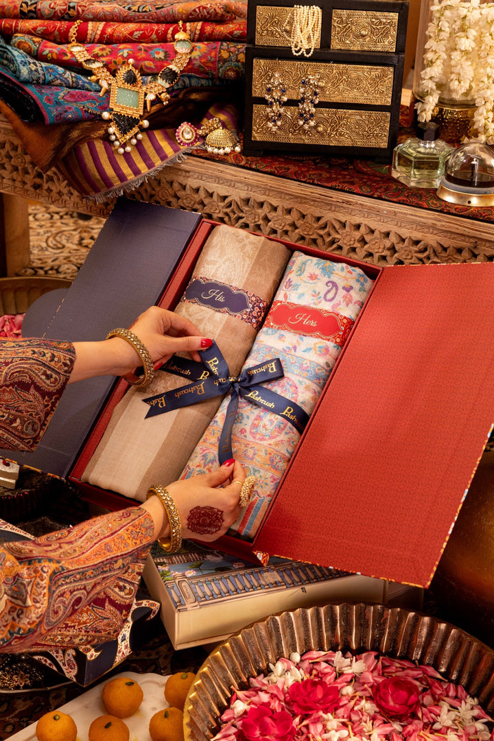 Pashtush India Gift Pack Pashtush His And Her Set Of Mens Fine Wool Shawl and Womens 100% Pure Wool Stole, Premium Gift Box Packaging, Beige & Ivory