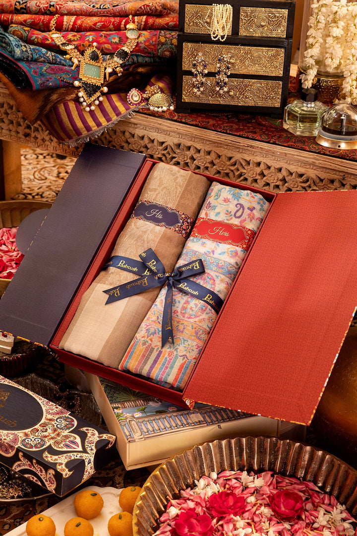 Pashtush India Gift Pack Pashtush His And Her Set Of Mens Fine Wool Shawl and Womens 100% Pure Wool Stole, Premium Gift Box Packaging, Beige & Ivory