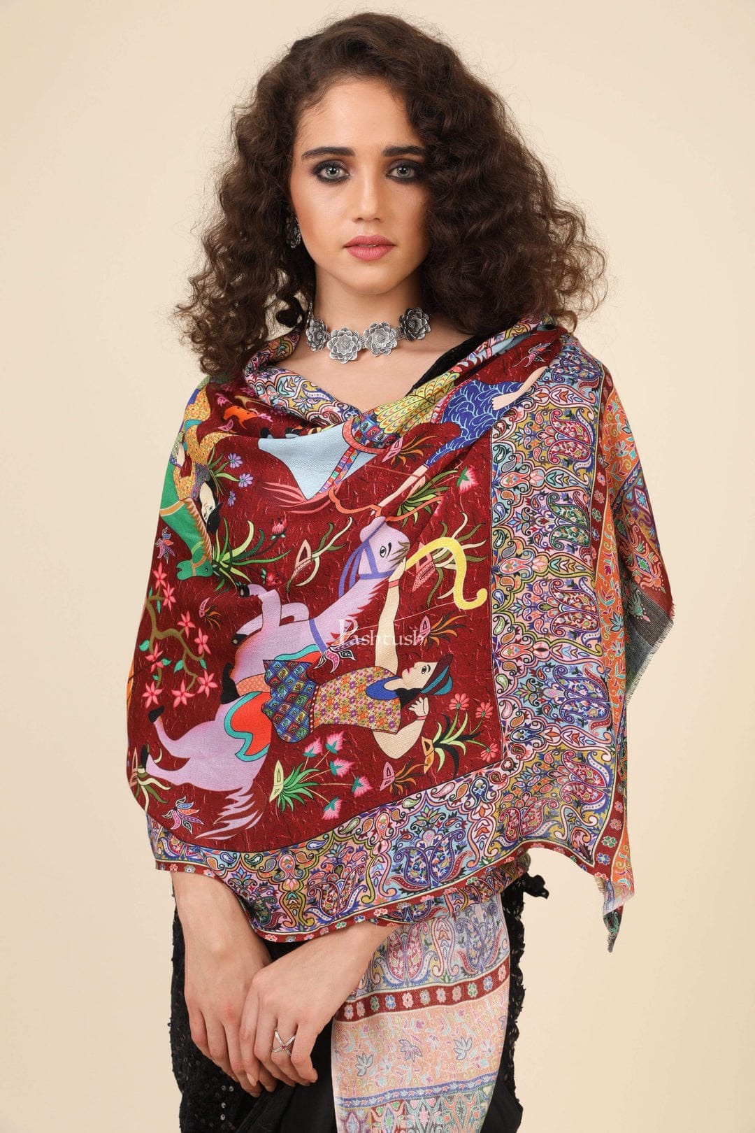 Pashtush India Gift Pack Pashtush His And Her Set Of Mens Fine Wool Shawl and Womens Bamboo Stole, Premium Gift Box Packaging, Black and Multicolour