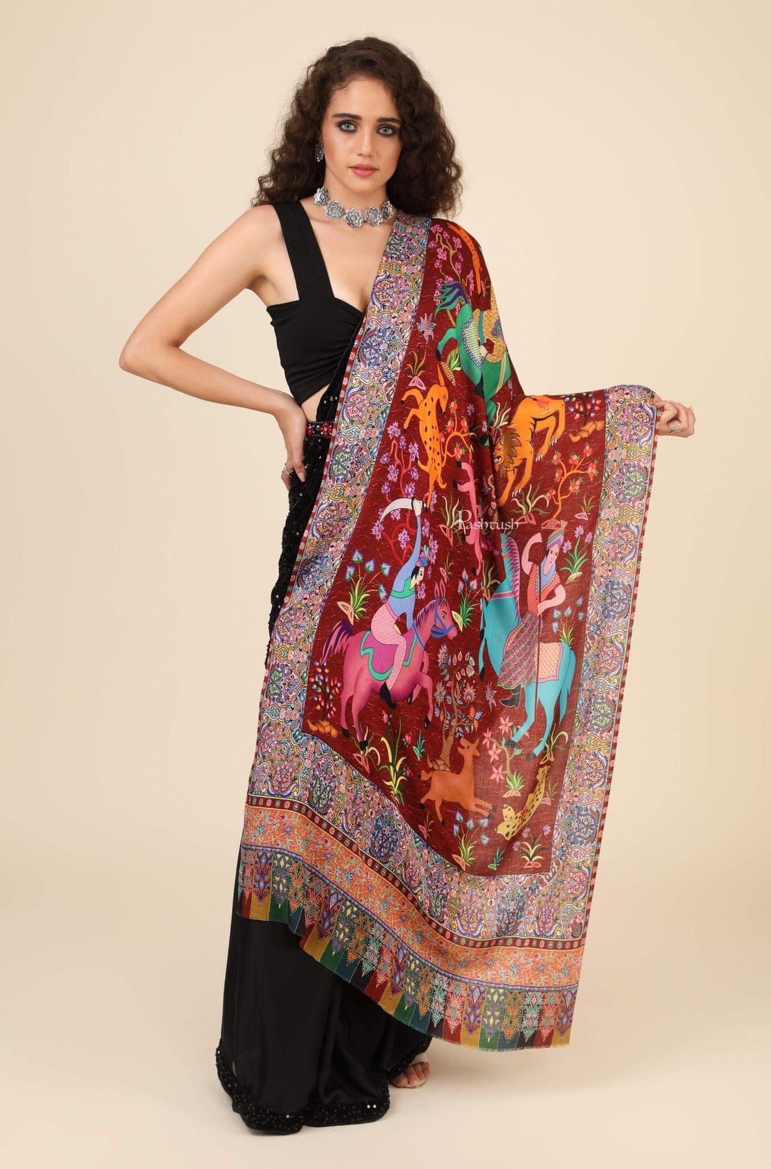 Pashtush India Gift Pack Pashtush His And Her Set Of Mens Fine Wool Shawl and Womens Bamboo Stole, Premium Gift Box Packaging, Black and Multicolour